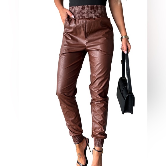 Brown Smocked High-Waisted Pants - Picture 2 of 3